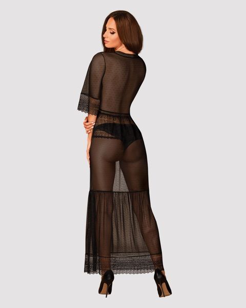 Пеньюар Obsessive Estiqua peignoir, XL/2XL, чорний, прозорий, на поясі, довжина до щиколоток SX1148 фото