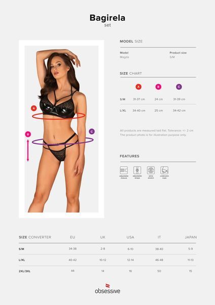 Еротичний комплект під латекс зі стрепами Obsessive Bagirela 2-pcs set S/M, чорний, під леопард, бюс SO7219 фото