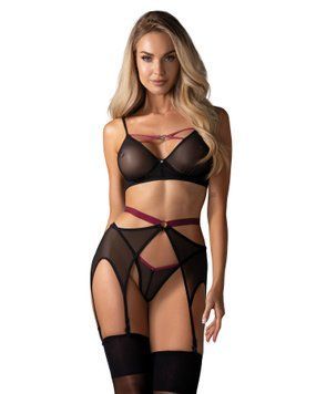 Комплект Obsessive Novenes 3-pcs set, XS/S, прозорий ліф на кісточках, стрінги, пояс SX0616 фото
