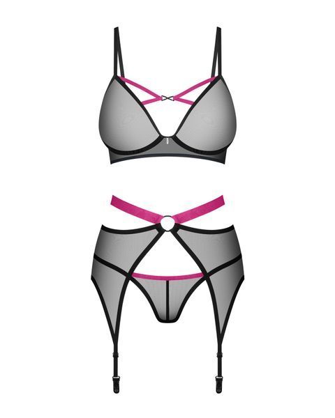 Комплект Obsessive Novenes 3-pcs set, XS/S, прозорий ліф на кісточках, стрінги, пояс SX0616 фото