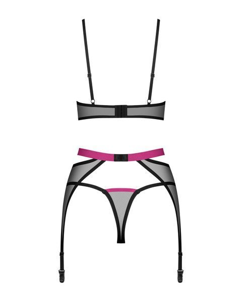 Комплект Obsessive Novenes 3-pcs set, XS/S, прозорий ліф на кісточках, стрінги, пояс SX0616 фото