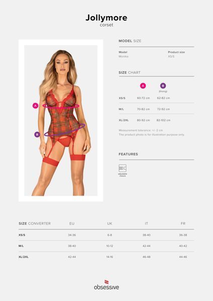 Корсет Obsessive Jollymore corset, XL/2XL, у клітинку, з мереживом, пажі для панчіх, стрінги в комплекті SX1151 фото