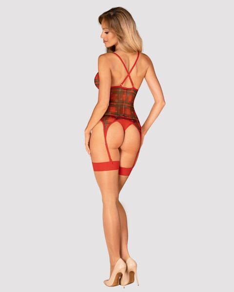 Корсет Obsessive Jollymore corset, XL/2XL, у клітинку, з мереживом, пажі для панчіх, стрінги в комплекті SX1151 фото