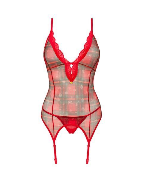 Корсет Obsessive Jollymore corset, XL/2XL, у клітинку, з мереживом, пажі для панчіх, стрінги в комплекті SX1151 фото