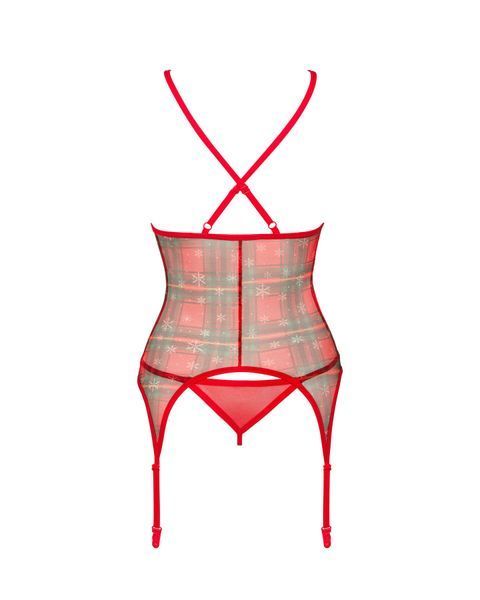 Корсет Obsessive Jollymore corset, XL/2XL, у клітинку, з мереживом, пажі для панчіх, стрінги в комплекті SX1151 фото