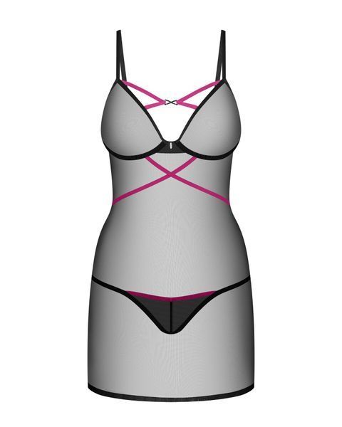 Пеньюар Obsessive Novenes chemise & thong, M/L, обтислий, прозорий, зі стрепами, стрінги в комплекті SX0620 фото
