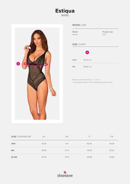 Мереживне боді з декольте Obsessive Estiqua teddy M/L, чорне, широкі лямки SO7260 фото