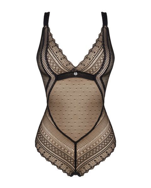 Мереживне боді з декольте Obsessive Estiqua teddy M/L, чорне, широкі лямки SO7260 фото