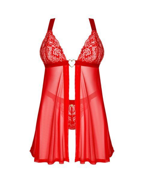Бебі-дол Obsessive Elianes babydoll & thong, XS/S, червоний, мереживний ліф, трусики-танга в наборі SX1143 фото