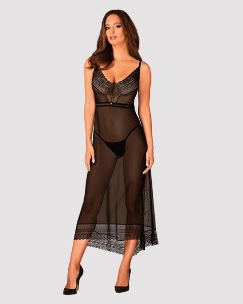 Напівпрозора довга сорочка Obsessive Estiqua chemise XL/2XL, чорний, асиметричний крій SO7264 фото