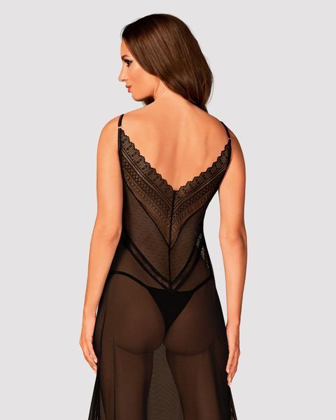 Напівпрозора довга сорочка Obsessive Estiqua chemise XL/2XL, чорний, асиметричний крій SO7264 фото