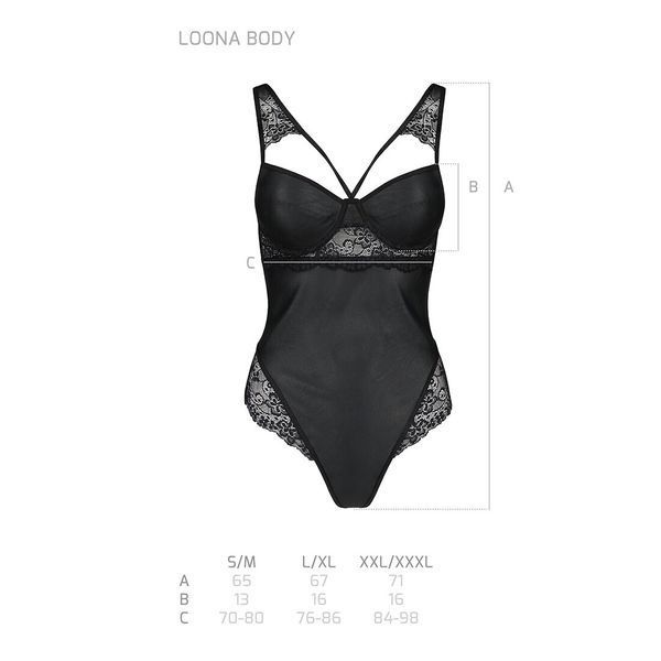 Боді з еко-шкіри та мережива Passion LOONA BODY L/XL, black SO5355 фото