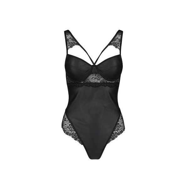 Боді з еко-шкіри та мережива Passion LOONA BODY L/XL, black SO5355 фото