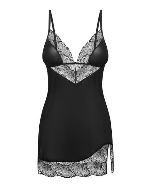 Пеньюар Obsessive Lobellis chemise & thong, XL/2XL, чорний, мереживне оздоблення, стрінги в комплекті SX1022 фото
