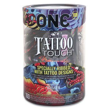 Набір презервативів ONE Tattoo Touch, 100 шт, з рельєфом у вигляді тату, 3 різновиди, паковання-тубус SX0734 фото